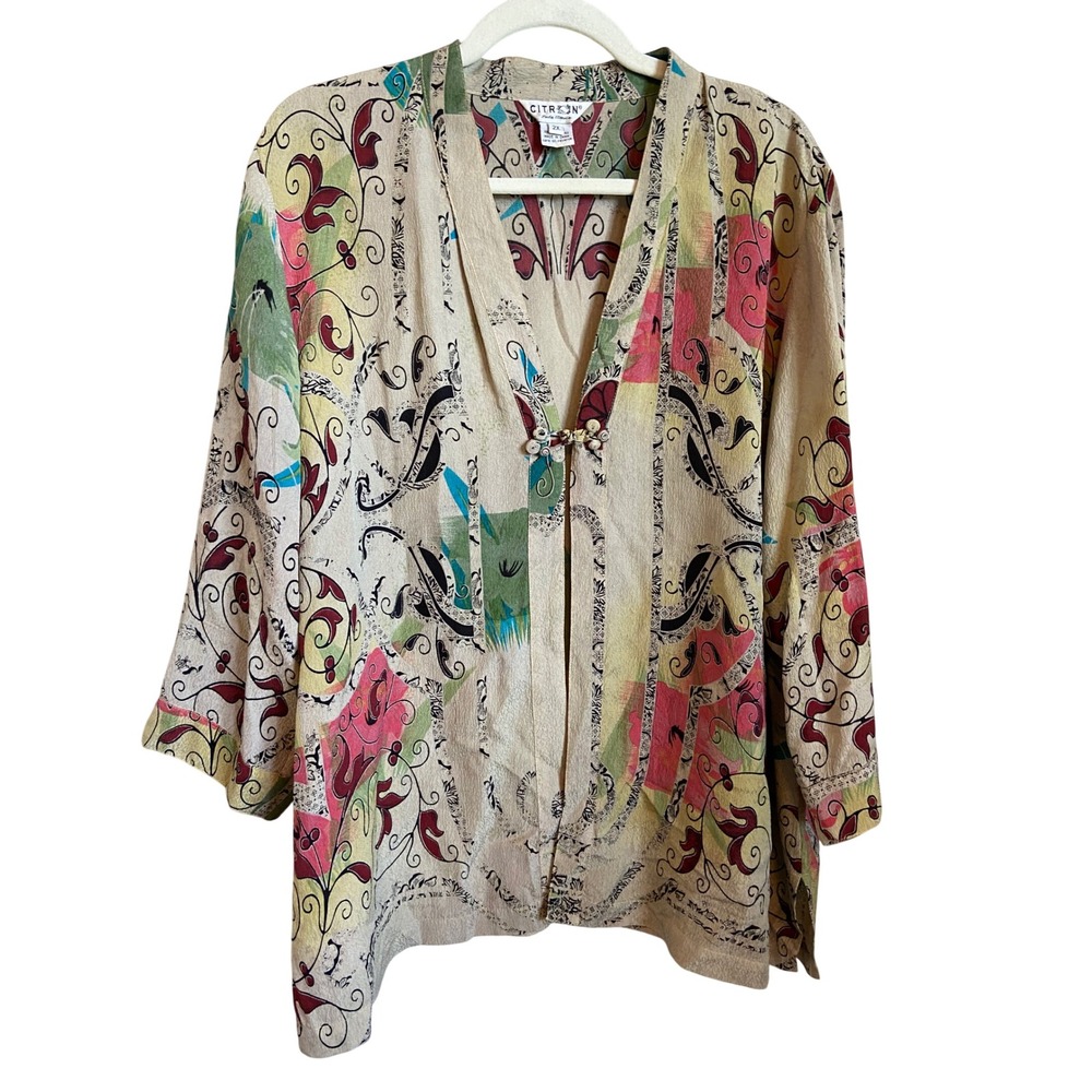 Citron Santa Monica 100% Silk Kimono Jacket 2X Mixed Print Frog Closure Topper